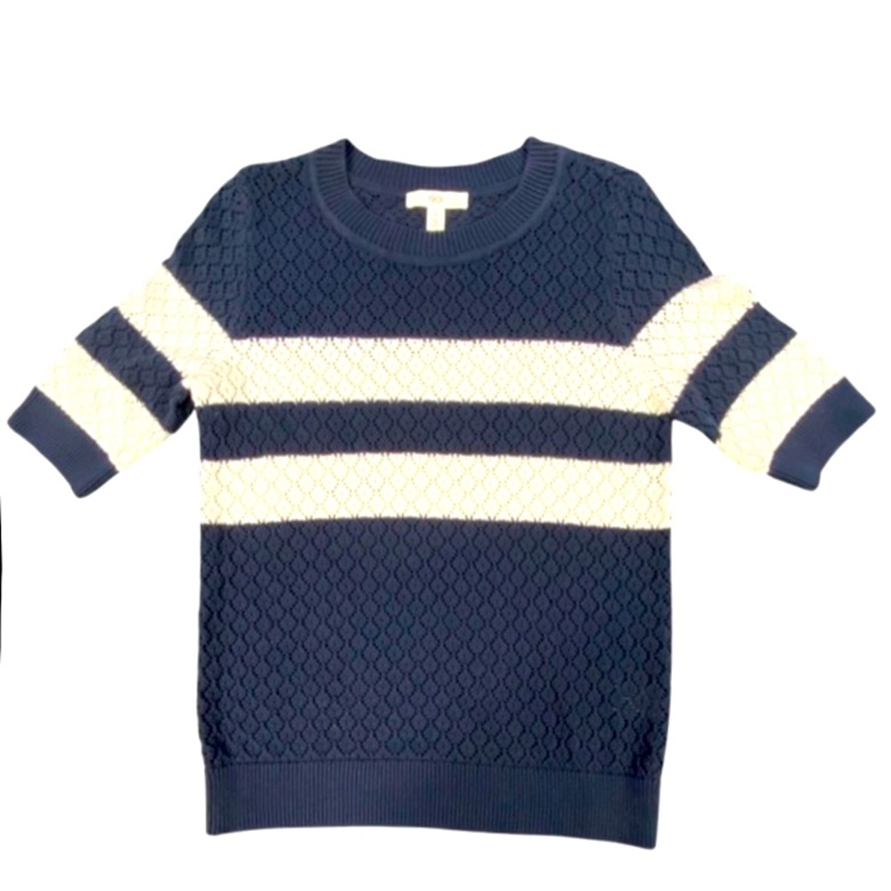 Short Sleeve Sweater Navy Blue & White Stripe Crew Neck Pima Cotton Blend, NWOT